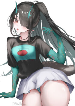 1girl :p absurdres alternate_costume alternate_hairstyle aqua_panties arknights black_hair black_shirt casual colored_extremities commentary cowboy_shot dragon_girl dragon_horns dragon_tail dusk_(arknights) grey_panties grey_skirt hair_over_one_eye highres horns horobu long_hair looking_at_viewer miniskirt one_eye_covered orange_eyes panties pointy_ears ponytail shirt short_sleeves simple_background sketch skirt solo striped_clothes striped_panties t-shirt tail tongue tongue_out twitter_username underwear watermark white_background
