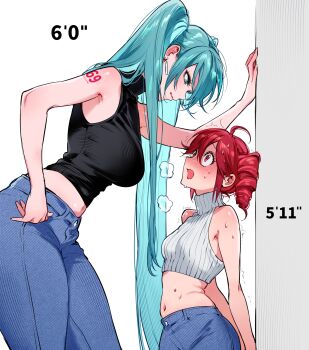 2girls absurdres ahoge aqua_eyes aqua_hair arm_tattoo arms_behind_back bare_arms bare_shoulders black_shirt blue_pants blush breasts character_name crop_top cropped_sweater denim drill_hair earrings eyelashes from_side hair_between_eyes hand_on_own_hip hand_on_wall hatsune_miku height_chart height_difference highres jeans jewelry kabedon kasane_teto large_breasts licking_lips long_hair looking_at_another looking_down looking_up meme midriff multiple_girls navel number_tattoo open_mouth pants qiandaiyiyu red_eyes red_hair ribbed_sweater shirt sidelocks size_difference sleeveless sleeveless_shirt sleeveless_sweater sleeveless_turtleneck small_breasts standing sweat sweater tall_female tall_miku_short_teto_(meme) tattoo thick_thighs thighs tongue tongue_out trembling turtleneck turtleneck_shirt turtleneck_sweater twin_drills twintails twitching utau very_long_hair vocaloid white_sweater yuri