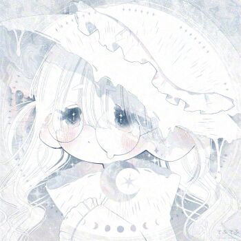 1girl blush dot_nose ear_blush eyelashes glasses hair_between_eyes hat highres long_hair long_sleeves looking_afar monochrome original parted_lips round_eyewear short_eyebrows solo square thk_41 upper_body white_theme