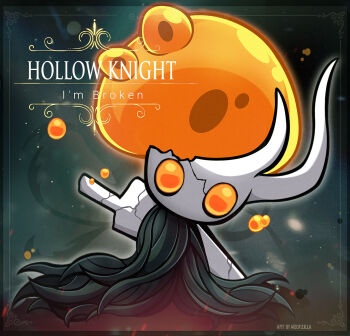 1other artist_name broken_vessel_(hollow_knight) commentary copyright_name cracked_mask cracked_sword dust english_commentary english_text full_body grey_background highres hollow_knight light_particles other_focus solo weapon weapon_on_back woofzilla