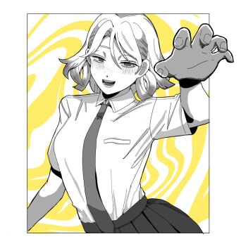 1girl :d blunt_ends blush breast_pocket breasts claw_pose collared_shirt commentary dos_i2525 dress_shirt evil_eyes evil_smile foreshortening freckles futsuu_no_keion-bu gradient_hair greyscale_with_colored_background hair_between_eyes half-closed_eyes hand_up hashtag-only_commentary highres inset_border looking_at_viewer medium_breasts medium_hair multicolored_hair necktie open_mouth outside_border perspective pleated_skirt pocket reaching reaching_towards_viewer shirt shirt_tucked_in short_sleeves skirt smile solo teeth tsuru_asaka upper_body wavy_background white_background wing_collar yellow_background