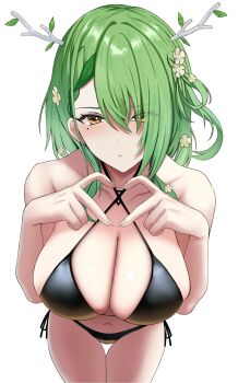 1girl absurdres antlers bare_shoulders bikini black_bikini breasts ceres_fauna cleavage closed_mouth collarbone flower green_hair hair_flower hair_ornament hashtag-only_commentary heart heart_hands highres hololive hololive_english horns large_breasts long_hair mole mole_under_eye navel si_farid side-tie_bikini_bottom solo swimsuit thigh_gap virtual_youtuber white_background white_flower yellow_eyes