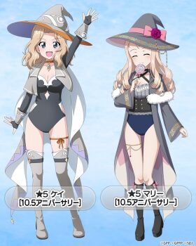 black_boots black_leotard blonde_hair blue_background blue_eyes blue_leotard blush boots bow breasts bridal_gauntlets candy cape capelet center_opening chain character_name choker cleavage closed_eyes clothing_cutout collarbone corset drill_hair food full_body fur-trimmed_capelet fur_trim girls_und_panzer girls_und_panzer_senshadou_daisakusen! gold_chain gold_trim gradient_background grey_boots grey_cape grey_capelet grey_hat grey_leotard grey_robe hair_intakes hat hat_bow hat_ribbon holding holding_candy holding_food holding_lollipop kay_(girls_und_panzer) leg_ribbon legs leotard lollipop long_hair long_sleeves looking_at_viewer marie_(girls_und_panzer) medium_hair multicolored_leotard official_art open_mouth outstretched_hand pink_bow pink_ribbon ribbon robe side_cutout smile standing thigh_boots thigh_ribbon thighs translated two-tone_cape two-tone_leotard waving wavy_hair white_cape white_leotard wide_sleeves witch_hat