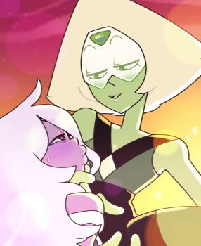 2girls alien amethyst_(steven_universe) blonde_hair blush breasts colored_skin discount-supervillain forehead_jewel gem green_skin homeworld_gem_uniform multiple_girls peridot_(steven_universe) purple_skin short_hair smile steven_universe yuri