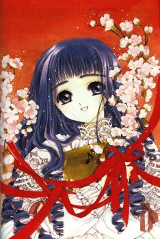 1990s_(style) 1girl book cardcaptor_sakura cherry_blossoms clamp daidouji_tomoyo drill_hair female_focus long_hair looking_at_viewer purple_hair red_background retro_artstyle simple_background smile solo