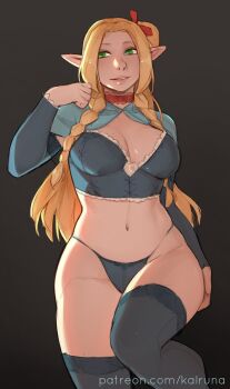 1girl blonde_hair dungeon_meshi elf green_eyes kalruna lingerie marcille_donato panties pointy_ears solo thighhighs underwear wide_hips