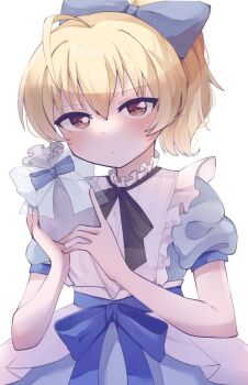 1girl ahoge ando_tazusa assault_lily bag black_ribbon blonde_hair blue_bow blue_dress bow brown_eyes commentary_request dress hair_between_eyes highres holding holding_bag kaya_(kaiana) looking_at_viewer ponytail puffy_short_sleeves puffy_sleeves ribbon short_hair short_sleeves simple_background solo upper_body white_background