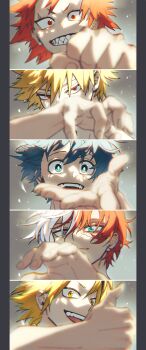 5boys absurdres alternate_hair_color aqua_eyes bakugou_katsuki black_hair blonde_hair blue_eyes blue_hair blurry blurry_foreground boku_no_hero_academia bright_pupils burn_scar cel_shading check_commentary chromatic_aberration clenched_hand closed_mouth commentary_request covered_mouth depth_of_field film_grain fingernails floating_hair freckles grey_background grey_eyes grin hair_between_eyes hand_up happy head_tilt heterochromia highres kaminari_denki kawaharaaisu kirishima_eijirou light looking_at_viewer looking_to_the_side male_focus midoriya_izuku multicolored_hair multiple_boys open_hand open_mouth partial_commentary pillarboxed portrait reaching reaching_towards_viewer red_eyes red_hair sanpaku scar scar_across_eye scar_on_face sharp_teeth short_eyebrows short_hair slit_pupils smile spiked_hair split-color_hair split_screen streaked_hair teeth thumbs_up todoroki_shoto two-tone_hair upper_teeth_only v-shaped_eyebrows white_hair white_pupils yellow_eyes