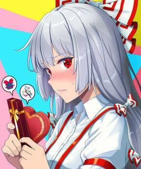 Rule 34 | 1girl, blush, bow, box, commentary request, fingernails, fujiwara no mokou, gift, gift box, grey hair, hair bow, heart-shaped box, highres, holding, holding gift, kisaragi koushi, long hair, looking at viewer, red eyes, shirt, solo, spoken object, straight hair, suspenders, sweatdrop, touhou, two-tone bow, upper body, very long hair, white shirt