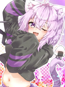 1girl ahoge animal_ear_fluff animal_ears black_hoodie blush cat_ears cat_girl cat_tail commentary fang highres hololive hood hoodie looking_at_viewer medium_hair nekomata_okayu nekomata_okayu_(1st_costume) one_eye_closed onigirya_(nekomata_okayu) open_mouth purple_eyes purple_hair skin_fang sleeves_past_fingers sleeves_past_wrists smile solo tail u_da_desu virtual_youtuber