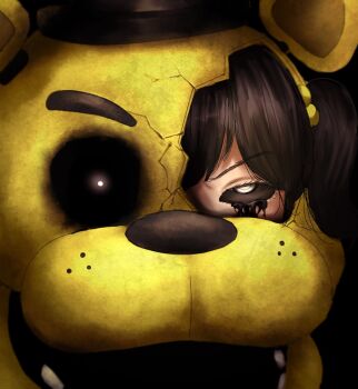 Rule 34 | 1girl, animal ears, bear ears, black hair, black sclera, black tears, cassidy (fnaf), colored sclera, commentary, cpcklv, cracked kawaii mask, cracked mask, english commentary, five nights at freddy's, golden freddy, hair bobbles, hair ornament, highres, white eyes