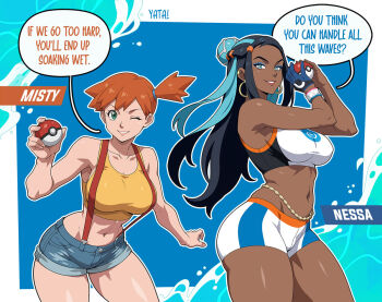 2girls aqua_eyes bare_shoulders belly_chain bike_shorts bikini black_hair blue_eyes blue_eyeshadow blue_hair blue_shorts breasts collarbone crop_top crossover dark-skinned_female dark_skin denim denim_shorts earrings english_text eyeshadow gloves green_eyes grin gym_leader hair_bun holding holding_poke_ball hoop_earrings jewelry large_breasts long_hair looking_at_viewer makeup midriff misty_(pokemon) multicolored_hair multiple_girls navel nessa_(pokemon) nintendo one_eye_closed orange_hair parted_lips poke_ball poke_ball_(basic) pokemon pokemon_(anime) pokemon_(classic_anime) pokemon_swsh ponytail short_hair short_shorts shorts side_ponytail single_glove single_hair_bun smile sports_bra stomach suspender_shorts suspenders swimsuit tank_top tankini thighs two-tone_hair very_dark_skin wristband yatagarasupen yellow_tank_top