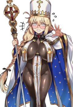 1girl @_@ absurdres aesc_(fate) aesc_(rain_witch)_(fate) blonde_hair blue_eyes blush bodysuit breasts brown_bodysuit ebora fate/grand_order fate_(series) hand_up hat highres holding holding_staff impossible_bodysuit impossible_clothes large_breasts long_hair looking_at_viewer round_eyewear smile solo staff tagme white_hat