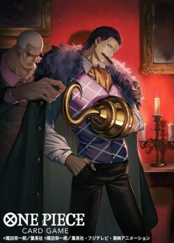 2boys ascot black_hair buzz_cut cigar coat commentary_request copyright_name crocodile_(one_piece) daz_bones formal_clothes fur-trimmed_coat fur_trim hair_slicked_back hook_hand multiple_boys namahamu913 official_art one_piece one_piece_card_game orange_ascot purple_shirt purple_vest shirt short_hair stitched_face stitches suit very_short_hair vest