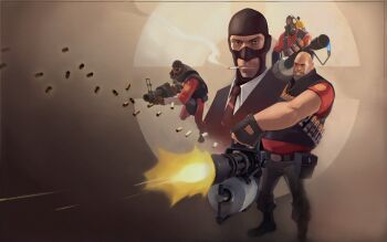 Rule 34 | 1other, 3boys, ammunition, balaclava, bald, bandolier, belt, black gloves, black hat, casing ejection, cigarette, closed mouth, dark-skinned male, dark skin, demoman (tf2), eyepatch, fat, fat man, fingerless gloves, firing, flamethrower, game cg, gas mask, gatling gun, gloves, grenade launcher, grey pants, gun, hat, heavy (tf2), holding, holding flamethrower, holding gun, holding weapon, male focus, mask, minigun, multiple boys, necktie, official art, pants, pyro (tf2), red demoman (tf2), red heavy (tf2), red necktie, red pyro (tf2), red spy (tf2), shell casing, short sleeves, smoking, spy (tf2), standing, team fortress 2, third-party source, weapon