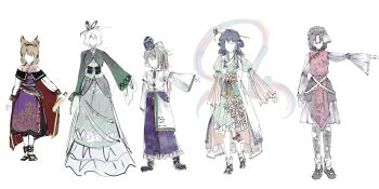 Rule 34 | 5girls, alternate costume, arm at side, behind i, belt, beret, black dress, black shoes, blue hair, bracelet, brown hair, cape, capelet, clothing request, commentary request, dress, faceless, facing viewer, floral print, flower ornament, frilled dress, frilled kimono, frills, gold trim, green dress, green kimono, grey hair, hagoromo, hair ornament, hair ribbon, hair stick, hand up, hat, highres, holding baton, japanese clothes, jewelry, juliet sleeves, kaku seiga, kimono, korean commentary, layered dress, layered skirt, long dress, long hair, long sleeves, medium hair, miyako yoshika, mononobe no futo, multicolored skirt, multiple girls, obi, obiage, obidome, obijime, ofuda, ofuda on head, ofuda on leg, outstretched arm, pelvic curtain, pom pom (clothes), ponytail, puffy sleeves, purple hat, purple kimono, purple skirt, red cape, red vest, ribbon, ribbon-trimmed shirt, ribbon trim, ritual baton, sash, scabbard, shawl, sheath, shirt, shoes, short hair, showgirl skirt, simple background, sketch, skirt, sleeveless, sleeveless kimono, sleeves past fingers, sleeves past wrists, soga no tojiko, standing, straight-on, tate eboshi, touhou, toyosatomimi no miko, two-tone dress, vest, waist sash, white background, white dress, white hair, white shirt, wide sleeves