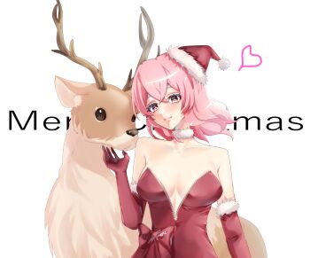 Rule 34 | 1girl, breasts, bright pupils, christmas, cleavage, closed mouth, commentary, deer, ellen drawing, fur trim, gloves, hat, heart, highres, large breasts, looking at viewer, medium hair, merry christmas, pink eyes, pink hair, red gloves, red hat, saigyouji yuyuko, santa costume, santa hat, signature, simple background, touhou, upper body, white background, white pupils