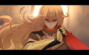 1boy 1girl adam_taurus angry arm_up blonde_hair breasts broken broken_sword broken_weapon cleavage closed_mouth crack crushing determined dishwasher1910 ember_celica_(rwby) facing_viewer fight fighting floating_hair hair_between_eyes hand_up holding holding_sword holding_weapon jacket katana large_breasts letterboxed long_hair looking_at_viewer out_of_frame prosthesis prosthetic_arm red_eyes rwby strapless sunset sword tube_top upper_body wavy_hair weapon yang_xiao_long