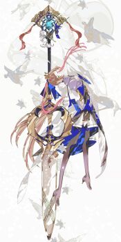 1girl armor artoria_caster_(fate) artoria_caster_(third_ascension)_(fate) artoria_pendragon_(fate) bird black_thighhighs blonde_hair breastplate commentary_request crown debg0423 dress fate/grand_order fate_(series) green_eyes highres marmyadose_(fate) solo sword thighhighs twintails weapon white_dress