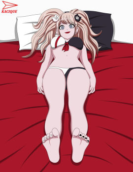 1girl bed blonde_hair breasts danganronpa_(series) enoshima_junko feet foot_focus kacique large_breasts sweat