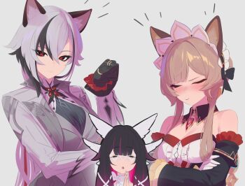 3girls absurdres animal_ears anonds31 arlecchino_(genshin_impact) bare_shoulders black_dress black_hair black_hands blush bonnet breasts brown_hair cat_ears cleavage closed_eyes colored_extremities colored_inner_hair columbina_(genshin_impact) detached_sleeves dress eye_mask formal_clothes genshin_impact gold_trim grey_eyes grey_vest hair_ornament hair_ribbon highres jacket large_breasts long_hair long_sleeves looking_at_viewer mask medium_breasts multicolored_hair multiple_girls open_clothes open_jacket open_mouth pout red_hair red_pupils ribbon sandrone_(genshin_impact) sidelocks smile streaked_hair suit symbol-shaped_pupils two-tone_dress vest white_dress white_hair white_jacket white_mask wing_hair_ornament x-shaped_pupils