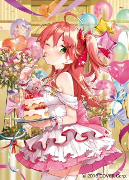 1girl ;) ahoge balloon bare_shoulders bow cake choker commentary_request confetti copyright_notice double-parted_bangs dress flower food fork frilled_choker frilled_dress frills from_side green_eyes hair_between_eyes hair_bow hair_ornament hairclip hand_up heart_balloon holding holding_fork holding_tray hololive indoors layered_dress long_hair looking_at_viewer off-shoulder_dress off_shoulder official_art one_eye_closed one_side_up pink_choker pink_dress pink_hair sakura_miko short_dress smile solo star_balloon strapless strapless_dress thighhighs tray virtual_youtuber white_dress white_thighhighs wrist_cuffs yukiko_(tesseract)