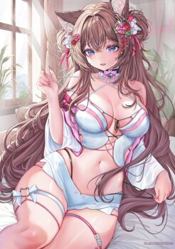 Rule 34 | animal ear fluff, animal ears, artist name, bell, blue eyes, bow, bowtie, breasts, brown hair, cat o-ring, character request, commentary, commission, copyright request, detached sleeves, english commentary, flower, hair ribbon, krashena, long hair, navel, neck bell, o-ring, o-ring thigh strap, open mouth, panty straps, pink bow, pink bowtie, pink flower, pink nails, pink ribbon, plant, red flower, ribbon, stomach, strap pull, thigh strap, virtual youtuber, white sleeves