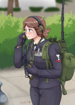 1girl absurdres artist_name blue_gloves blue_jacket blue_pants blush brown_eyes brown_hair commentary cowboy_shot english_commentary field_radio gloves gravityfalls618 headset highres jacket looking_to_the_side military_rank_insignia military_uniform name_tag naval_dress_uniform naval_uniform open_mouth original pants photo-referenced radio_handset shirt short_hair solo united_states_navy white_shirt