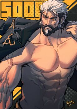 1boy abs absurdres artist_name bara bare_pectorals beard biceps black_hair closed_mouth collarbone commentary english_commentary facial_hair highres jacket jacket_on_shoulders looking_to_the_side male_focus multicolored_hair muscular muscular_male navel nipples pectorals pompey_(zenless_zone_zero) rovrov white_hair zenless_zone_zero