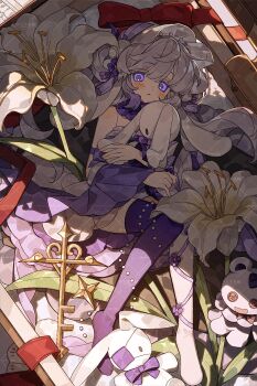 1girl beads blunt_bangs blush bow colored_eyelashes dress flower frilled_dress frills grey_hair headdress highres holding holding_stuffed_toy leaf lily_(flower) long_hair looking_at_viewer mini_person minigirl off-shoulder_dress off_shoulder original parted_lips purple_dress purple_eyes purple_flower red_bow sidelocks single_bare_shoulder single_thighhigh solo stuffed_animal stuffed_rabbit stuffed_toy sui_jiu_sheng thighhighs white_flower white_headdress