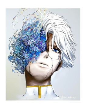 1boy blue_eyes blue_flower cracked_face curtained_hair flower flower_on_face gold_trim highres liquid male_focus nice_(to_be_hero_x) solo to_be_hero to_be_hero_x uri_10distar