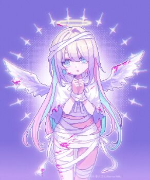 1girl absurdres angel_wings artist_name bandaged_leg bandaged_torso bandages blonde_hair blood blood_on_face blood_on_leg bloody_bandages blue_eyes blue_hair bound bound_wrists chinese_commentary chouzetsusaikawa_tenshi-chan cloak commentary_request cowboy_shot halloween_costume halo highres koharustuki long_hair multicolored_hair needy_girl_overdose own_hands_together parted_lips pink_blood pink_hair pixel_art purple_background solo tied_up_(nonsexual) very_long_hair white_cloak white_wings wings