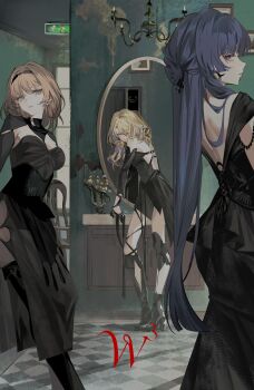 3girls alice_margatroid alternate_costume black_dress blonde_hair brown_hair chandelier commentary dress highres indoors kirisame_marisa long_hair mirror multiple_girls patchouli_knowledge purple_hair reeh_(yukuri130) reflection short_hair touhou