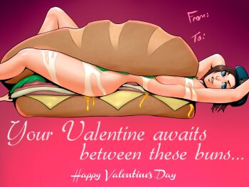 1girl bad_id bad_pixiv_id beret blue_eyes blue_hat brown_hair cosmichentai food from_side gradient_background happy_valentine hat highres jill_valentine looking_at_viewer nude parted_lips pink_background resident_evil sandwich smile