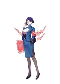 Rule 34 | 1girl, bag, black bag, black shoes, blue eyes, blue jacket, blue skirt, breasts, character request, cleavage, cleavage cutout, clothing cutout, commentary request, copyright request, eyelashes, full body, gloves, hair between eyes, handbag, highres, jacket, mole, mole under eye, one eye closed, pantyhose, parted lips, purple hair, shoes, skirt, solo, white background, white gloves, z-ton