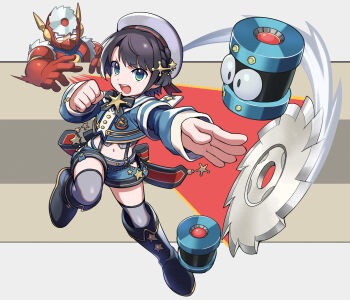 1boy 1girl attack black_hair blue_eyes blue_footwear blue_jacket blue_shorts boots braid chibi commentary_request french_braid hair_ornament hat highres hololive jacket looking_at_viewer mega_man_(classic) mega_man_(series) mega_man_2 metal_man midriff navel official_alternate_costume oozora_subaru oozora_subaru_(suspenders) ribbon robot sailor_hat saw short_hair shorts side_braid simple_background star_(symbol) thighhighs throwing tonami_kanji virtual_youtuber white_thighhighs