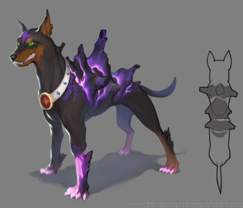 animal_collar animal_focus artist_name caesty collar commentary_request company_name dated_commentary dobermann dog english_text facial_mark fangs forehead_mark from_above full_body glowing glowing_claws glowing_eyes green_eyes green_pupils grey_background growling korean_commentary monster monster_focus nexon official_art production_art purple_claws shadow sharp_teeth sidelocks silver_collar simple_background standing tail tales_weaver teeth watermark web_address