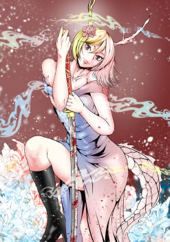 1girl absurdres antlers blonde_hair blood bloody_weapon boots commentary_request dragon_girl dragon_horns dragon_tail dress green_scales highres holding holding_sword holding_weapon horns katana kicchou_yachie knee_boots monster_girl red_eyes rekkuu_tyuni scales short_hair smile solo sword tail thighs touhou unsheathed weapon yellow_horns