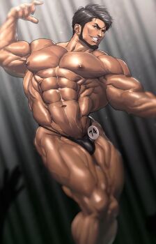 1boy abs bara bare_pectorals beard biceps black_eyes black_hair bodybuilder bulge ear_piercing earrings facial_hair flexing highres jewelry large_pectorals looking_at_viewer male_focus manly mature_male muscular muscular_arms muscular_legs muscular_male navel nipples original pectorals piercing shunta_(syunta_87) smile solo thighs thong topless_male veins