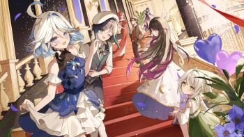 2boys 5girls absurdres alternate_costume black_hair blue_eyes closed_mouth columbina_(genshin_impact) cross-shaped_pupils dress dropping fireworks furina_(genshin_impact) genshin_impact green_eyes green_hair grey_hair highres kokonex long_hair looking_at_viewer mavuika_(genshin_impact) multiple_boys multiple_girls nahida_(genshin_impact) open_mouth purple_dress purple_hair raiden_shogun red_dress red_hair shirt short_hair skirt smile stairs standing symbol-shaped_pupils venti_(genshin_impact) white_hair zhongli_(genshin_impact)