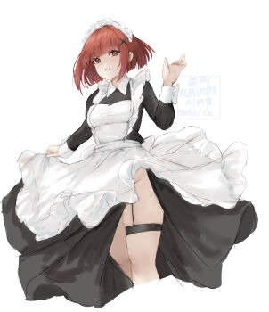 1girl alternate_costume azur_lane birmingham_(azur_lane) birmingham_(briar_maid)_(azur_lane) breasts commentary_request cropped_legs enmaided groin hair_ornament hand_up highres long_sleeves maid maid_headdress mumei_shumi no_panties official_alternate_costume red_eyes red_hair short_hair simple_background small_breasts solo textless_version thigh_strap white_background x_hair_ornament