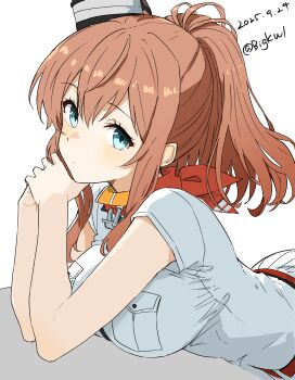 1girl absurdres artist_name bigkwl blush breast_pocket brown_hair closed_mouth commentary_request dated elbow_rest grey_eyes highres kantai_collection looking_at_viewer lying on_stomach pocket red_scarf saratoga_(kancolle) scarf shirt short_sleeves side_ponytail sidelocks simple_background skirt smokestack solo white_background white_shirt white_skirt