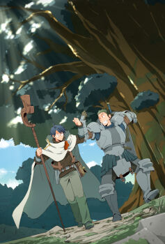 Rule 34 | 10s, 2boys, armor, cape, day, fist bump, glasses, holding, holding behind back, holding sword, holding sword behind back, holding weapon, holding weapon behind back, kou (sen328), log horizon, long hair, multiple boys, naotsugu (log horizon), round eyewear, shiroe (log horizon), short hair, staff, sword, tree, weapon, wizard