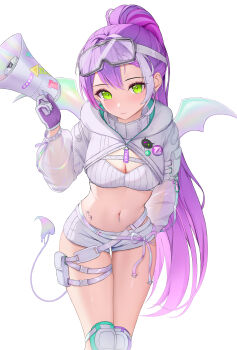 1girl absurdres closed_mouth demon_tail gloves goggles goggles_on_head green_eyes hand_on_back highres hip_tattoo holding holding_megaphone hololive knee_pads long_hair looking_at_viewer lunixx megaphone melting_tail multicolored_hair navel open_mouth ponytail purple_hair shorts smile solo strapless tail tattoo tokoyami_towa tokoyami_towa_(cyberpunk) tube_top virtual_youtuber white_gloves white_shorts white_tube_top