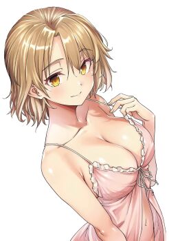 1girl absurdres alpha_transparency artist_request bad_tag blonde_hair breasts cleavage collarbone cover highres light_smile lingerie medium_breasts navel nightgown no_background png_conversion short_hair third-party_edit transparent_background underwear yellow_eyes