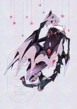 1boy black_coat black_shoes closed_eyes coat commentary_request dragon_boy dragon_horns dragon_wings durin_(genshin_impact) facing_away floating full_body genshin_impact highres horns light_smile male_focus purple_hair saiki_(leosetunakia) shoes short_hair solo watermark wings