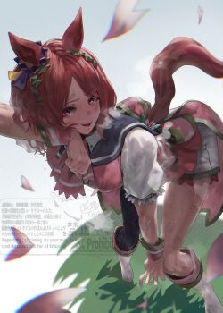 Rule 34 | 1girl, absurdres, animal ears, ascot, black thighhighs, blue sailor collar, blush, boots, breasts, brown hair, commentary request, ear ornament, flower-shaped pupils, flower in eye, highres, horse ears, horse girl, horse tail, large breasts, leaning forward, looking at viewer, open mouth, petals, pink ascot, pink eyes, pink vest, puffy short sleeves, puffy sleeves, purple eyes, rinka (tonariuta), sailor collar, sakura laurel (saisir le reve) (umamusume), sakura laurel (umamusume), shirt, short hair, short sleeves, shorts, single thighhigh, smile, solo, sweat, symbol-shaped pupils, symbol in eye, tail, thighhighs, umamusume, vest, white boots, white shorts, wiping face, wristband