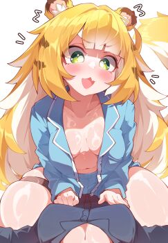 2girls absurdres animal_ears belle_(zenless_zone_zero) black_pajamas blonde_hair blue_pajamas blush breasts cleavage colored_inner_hair commentary english_commentary fang girl_on_top green_eyes highres ju_fufu long_hair long_sleeves medium_breasts multicolored_hair multiple_girls open_mouth open_pajamas orcavice pajamas simple_background skin_fang tail tiger_ears tiger_girl tiger_tail two-tone_hair white_background white_hair zenless_zone_zero