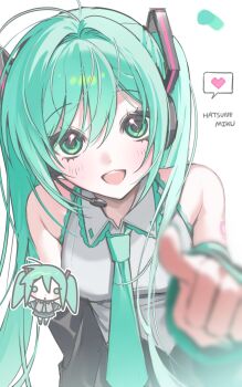 1girl absurdly_long_hair absurdres arm_tattoo bare_shoulders black_pants blush breasts character_name chibi chibi_inset collared_shirt commentary_request detached_sleeves dot_nose green_eyes green_hair grey_shirt hair_between_eyes hatsune_miku heart highres leaning_forward long_hair minori_(faddy) open_mouth outstretched_arm pants pointing pointing_at_viewer round_teeth shirt solo speech_bubble spoken_heart tattoo teeth twintails upper_body very_long_hair vocaloid white_background wing_collar