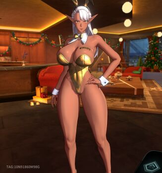 curvy dark-skinned_female dark_elf dark_skin elf game_screenshot highres long_hair non-web_source playboy_bunny pointy_ears smile tagme wide_hips